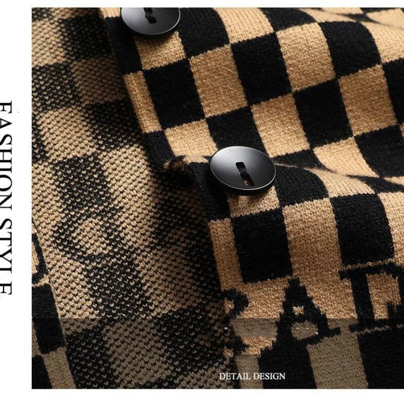 Smart English Elements Plaid Panelled Turn-down Collar New Men Coat Fashion Casual Knit Loose Pockets Cardigan Jacket