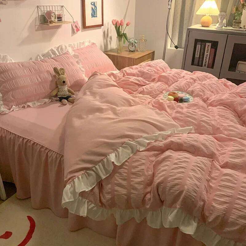Pink Ruffled Seersucker Duvet Cover 3/4pcs Soft Lightweight Down Alternative Grey Bedding Set with Bed Skirt and Pillowcases H260311