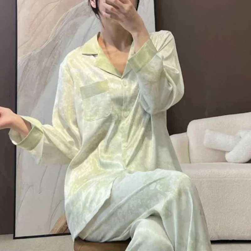 Womens Satin Pajama Set Spring New Classic Sandpainting Pajama Set Long Sleeve Button Green Pajama Lounge Pant Women Sleepwear X260311