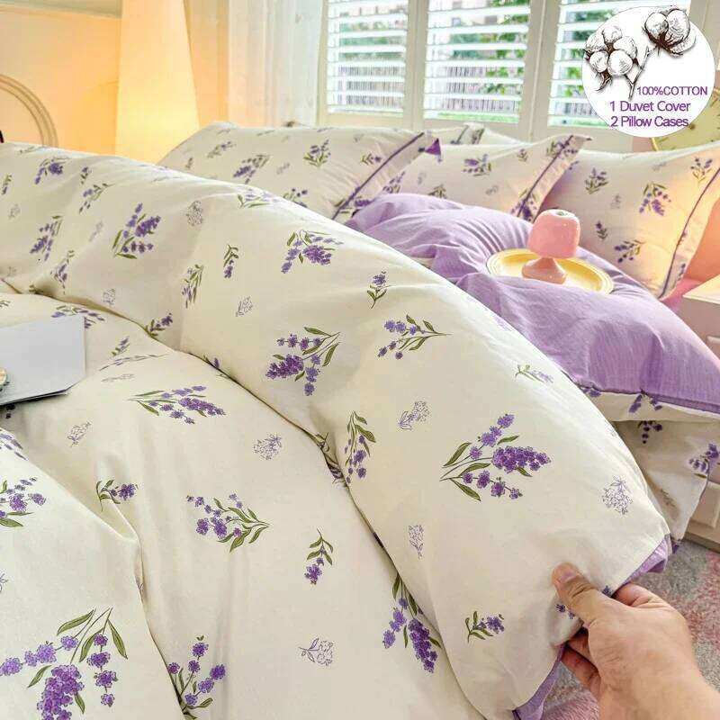 100% Cotton Lavender Print Duvet Cover 4-Piece Bedding Set H260311