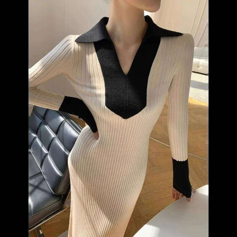 French Knit Women Autumn New Arrival Long-Sleeve Elegant Lady Long Base Sweater Dress Z260311