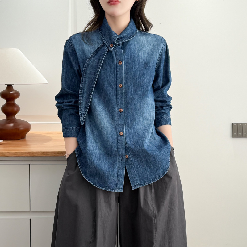 Plussize womens stylish ribbon denim shirt spring loosefitting slimming casual top BY987 251231
