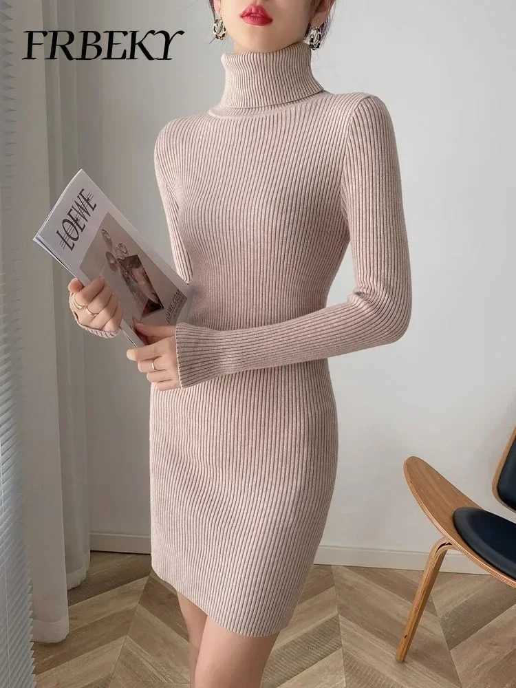 Autumn New Korean Turtleneck Knitted Dress Pure Color Bodycon Sweater Dress Office Lady Pullover Casual Elegant Knitwear Jumper M260311