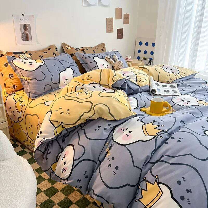 Kawaii Printed Floral Duvet Cover Pillowcase Bedding Set Cute Dog Bear Bed Linen Sheet Quilt Full Queen King Size H260311