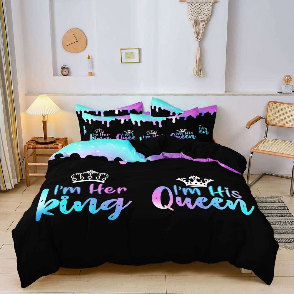 3pcs Valentine'S Day Romantic couple Crown Letter Set 1 Duvet Cover + 2 Pillowcases, No Core for Home And Dorm Use H260311