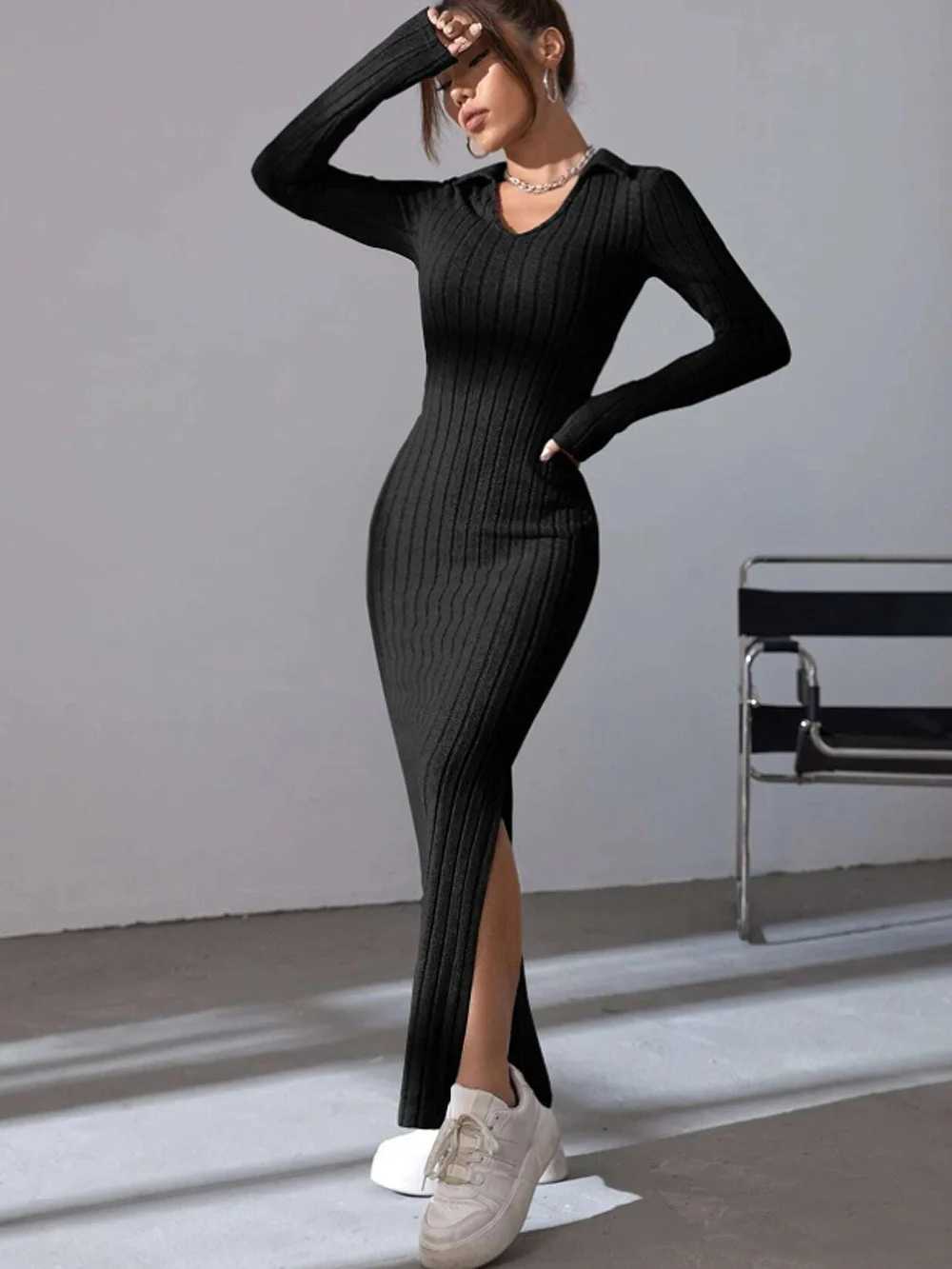 Spring and summer 2024 new style knitted slim lapel long sleeve dress pit strip solid color tight skirt M260311