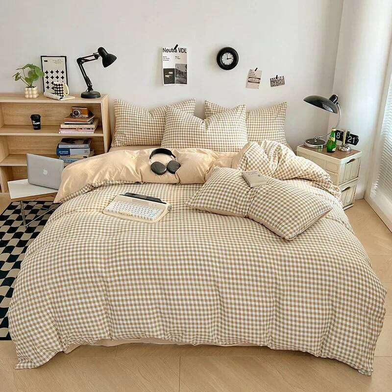 2025 new fresh washed cotton four-piece four-season universal bedding kit simple and fashionable small stripes H260311
