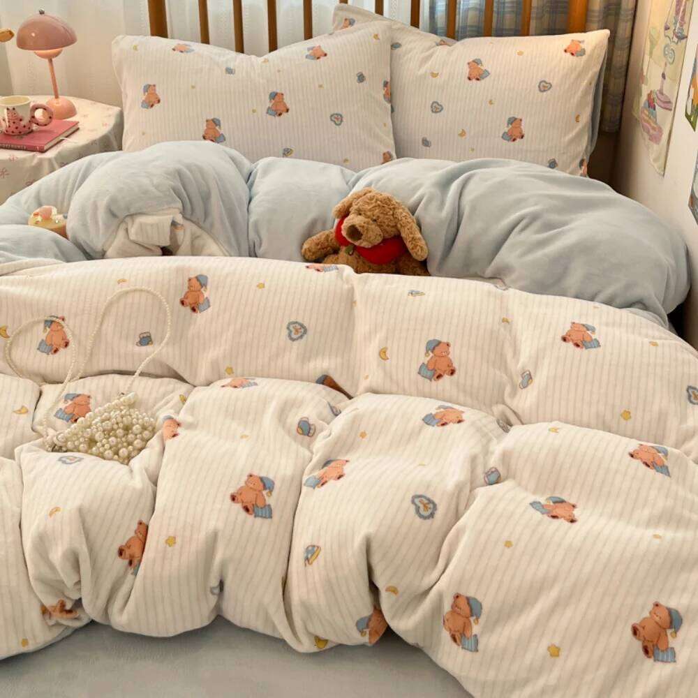 Printed Thicken Milk Coral Fleece Bedding Winter Comfort Warm Bedroom Decor Quilt Cover Bed Sheet Pillowcase Four-Piece Set H260311