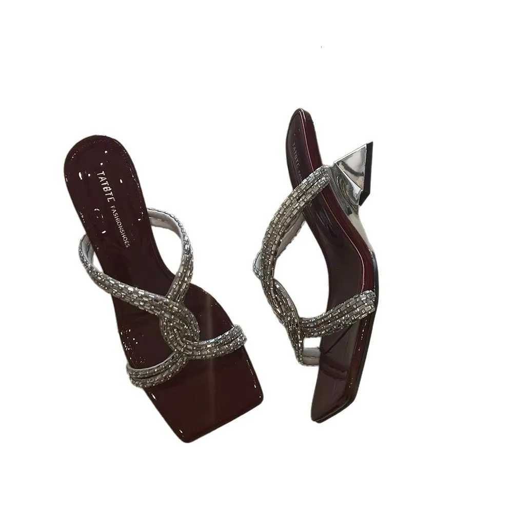 Cool mop 2025 summer new open toe with feminine temperament square toe rhinestone cross sandals K260311