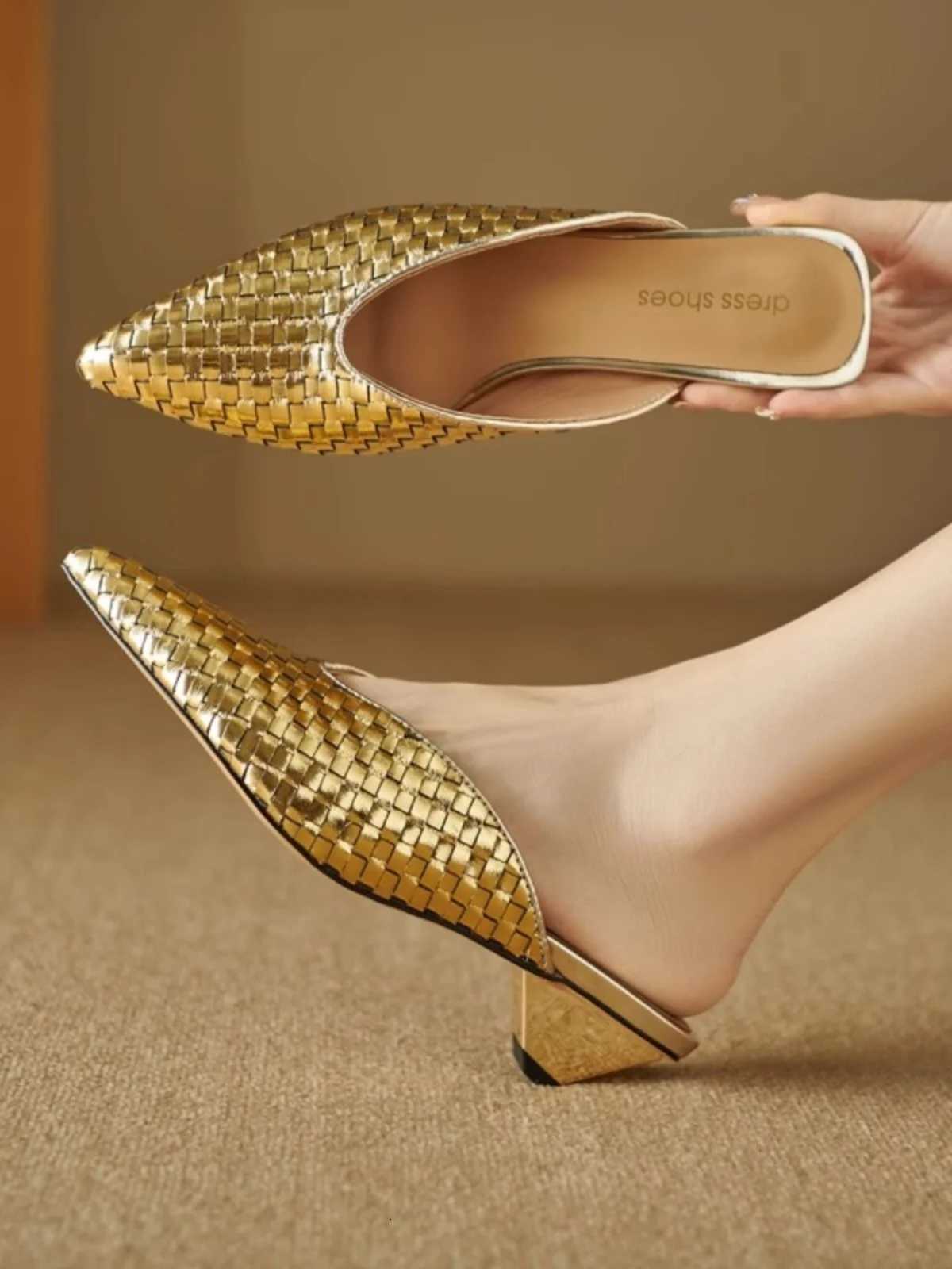 Silver Woven Toe Cover Slip-On Mules Womens Summer Outdoor Wear Genuine Leather Medium Heel Pointed Toe Slipper oes K260311