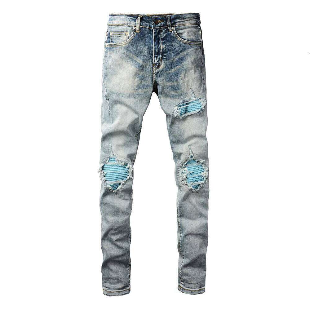 Men Sky Blue Velvet Patch Stretch Denim Jeans Pleated Patchwork Ripped Biker Pants Holes Distressed Skinny Tapered Trousers Z260225