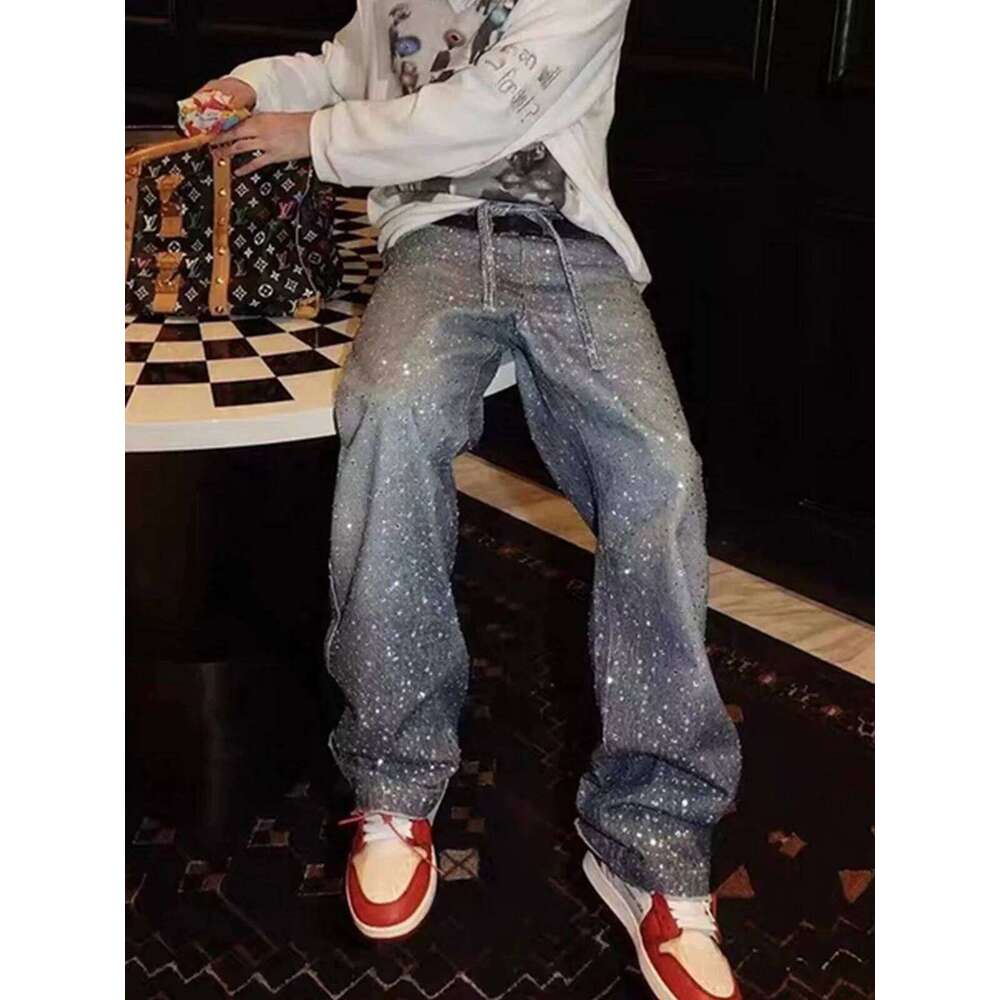 MIJKO Diamonds Denim Straight Jeans Men Women Belts Zipper Wide Leg Fashion Street Trousers 2025 Party Washed Pants ZJ074 Z260225