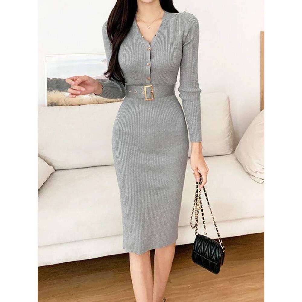 New Spring Autumn Knit Elegant Sexy Single Breasted Stand Collar Long Sleeve Bodycon Dress Solid Color Stretch Tight Slim Dresss Z260311