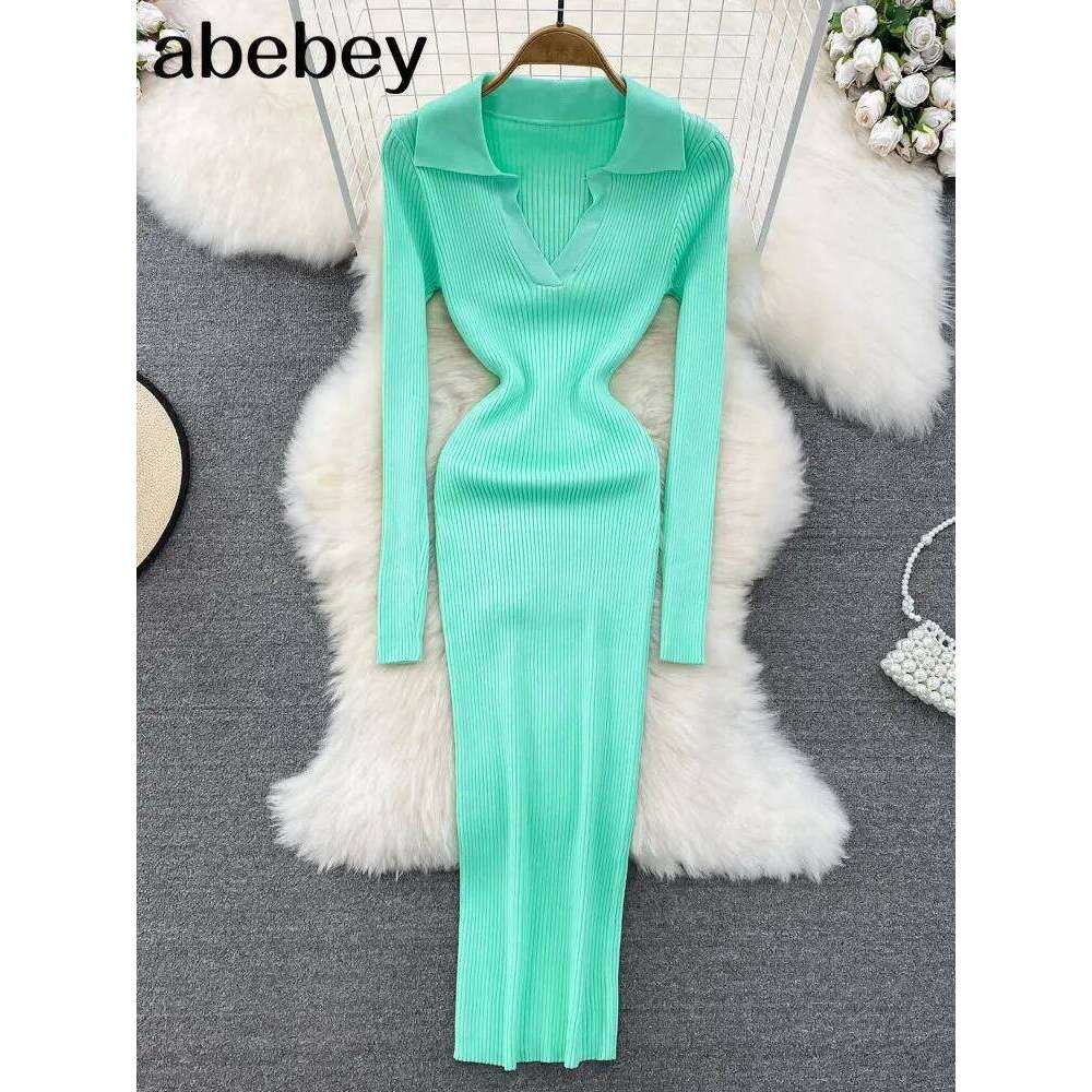 Women Korean Knitted Long Sleeve V Neck Elastic Slim Pencil Dresses 2026 Autumn Sexy Bodycon Sweater Dress Z260311