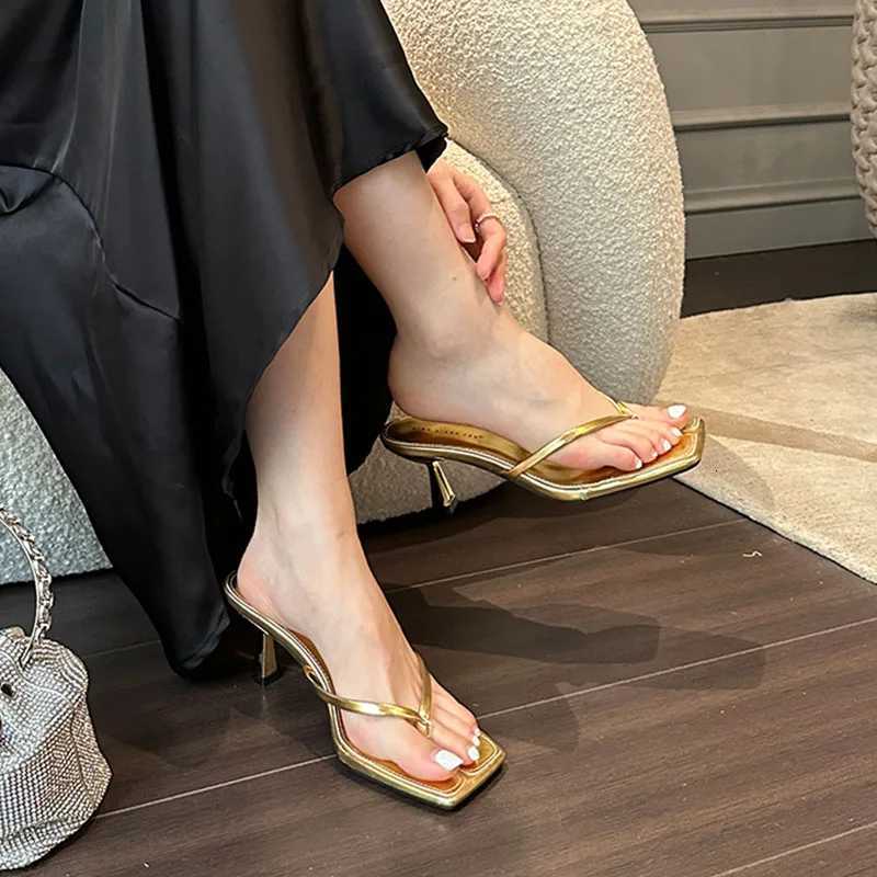 Golden Ladies Thin Heels Pumps Slides Shoes Female Slip On Footwear Fashion Shallow Women Medium Heels Shoes Flip flops K260311