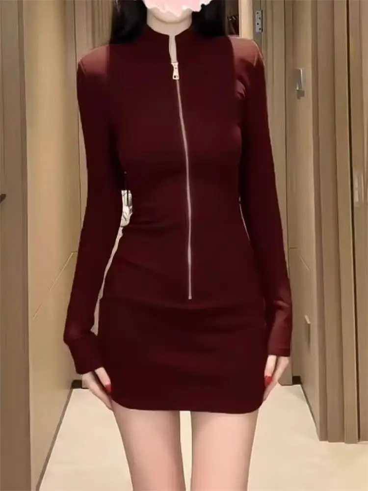 Long Sleeve Zipper Bodycon Dress Women Turtleneck Sexy Mini Dresses Autumn Black Skinny Stretchy Party Vestidos M260311