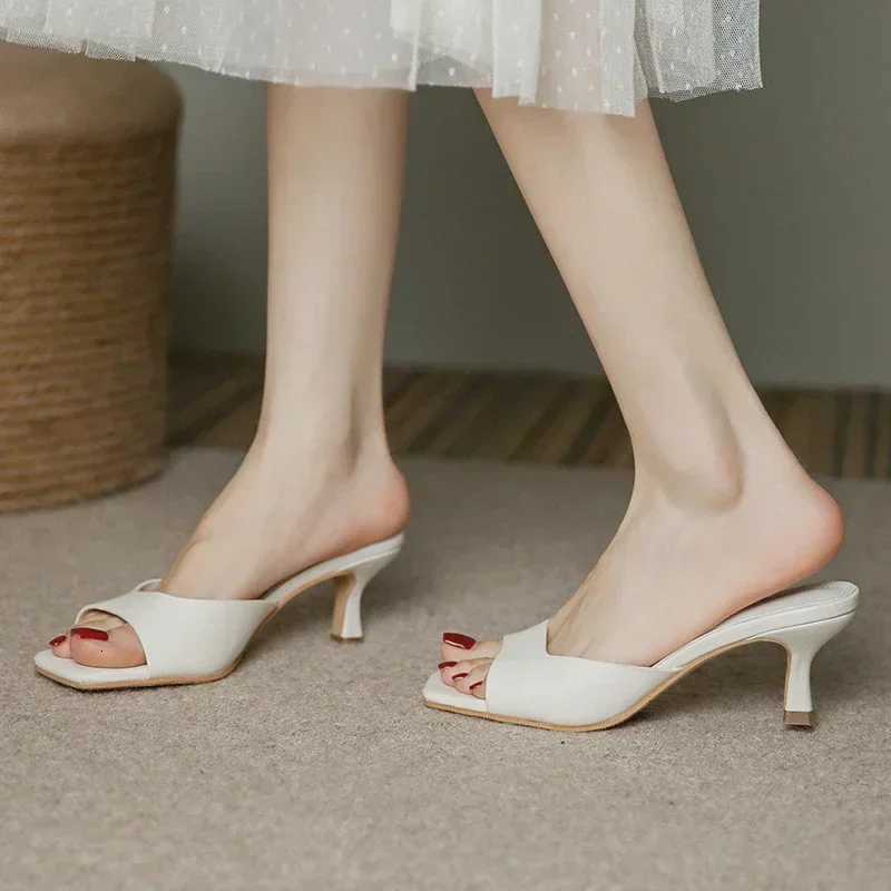 Size 34-42 Women Heeled Mules Sandals Soft Leather High Heels Summer Shoes For Women Slippers Vintage Open Toe Slides K260311