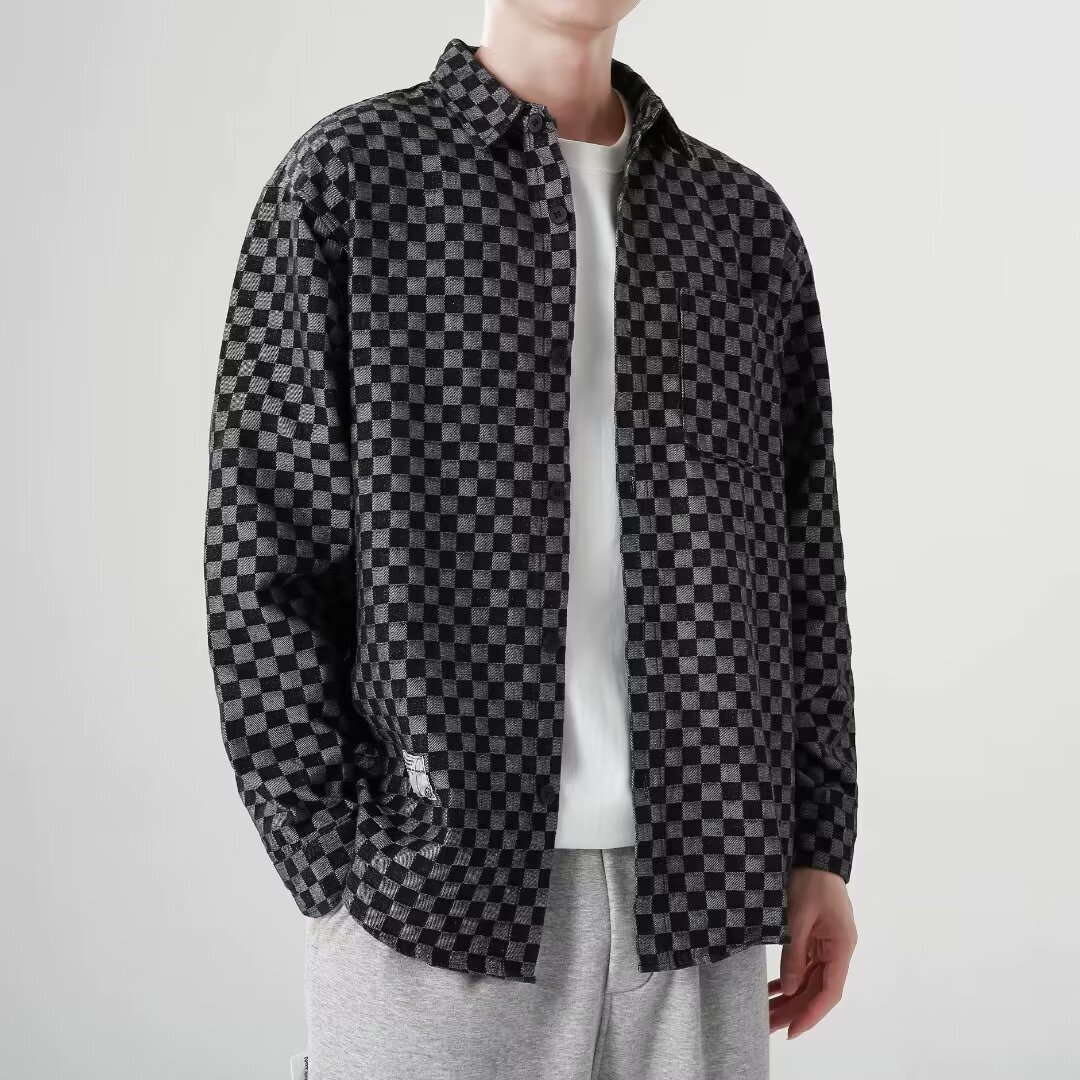 Luxury Brand Designer Clothes American Retro Plaid Denim Jacket For Men, Spring And Autumn Trendy Plus Size Loose Fit Stylish Workwear Shirt Jacket