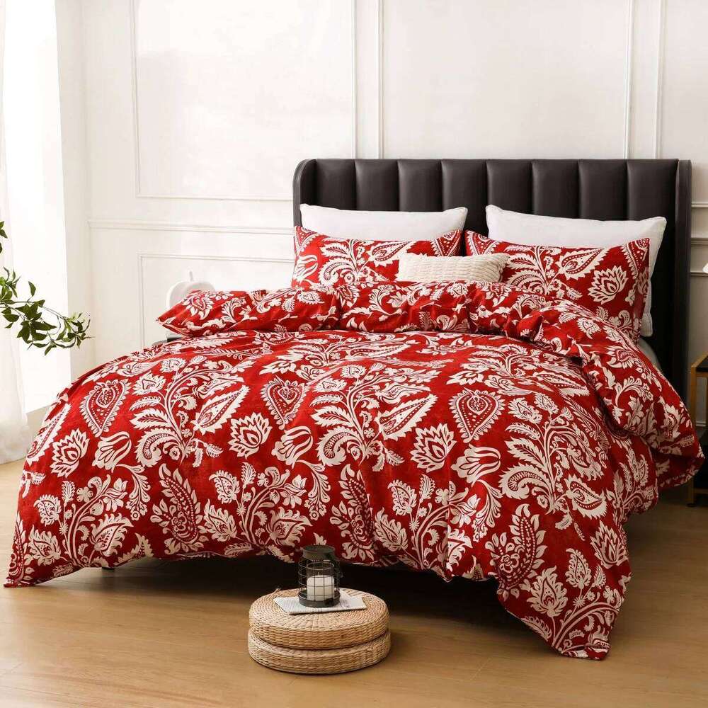 Boho White Paisley Floral Duvet Twin Bohemian Exotic Flower Bedding Set Reversible Red Comforter Cover for Girl Women Room H260311