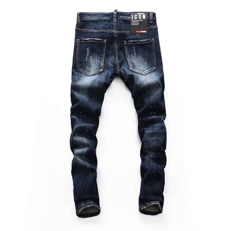 European Fashion Brand Italy Design Cool Top Slim Denim Trousers Blue Hole Pants Jeans for Men Z260225