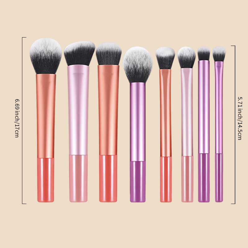 8-piece high-end daily essential makeup brush set, colorful long handles, resin short handles, thick aluminum tubes, soft and skin-friendly synthetic 