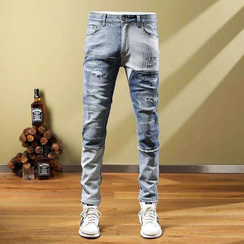 2024 Spring/Summer New Blue Hole Trend Small Foot Pants Men's Casual Slim Comfortable Breathable High-Quality Stretch Jeans Z260225