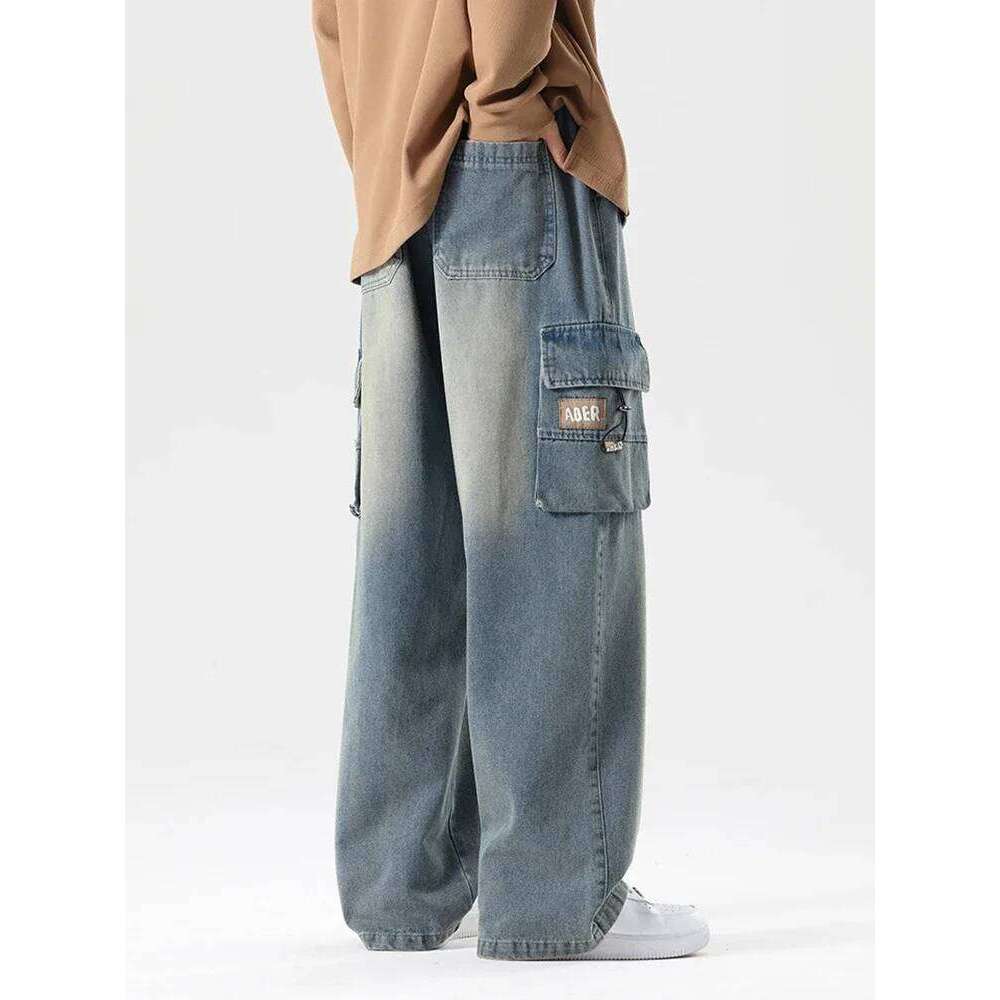 Autumn New Men's Cargo Jeans Big Pocket String Banding Wide Baggy Denim Pants Drawstring Straight Casual Jean Trousers Z260225