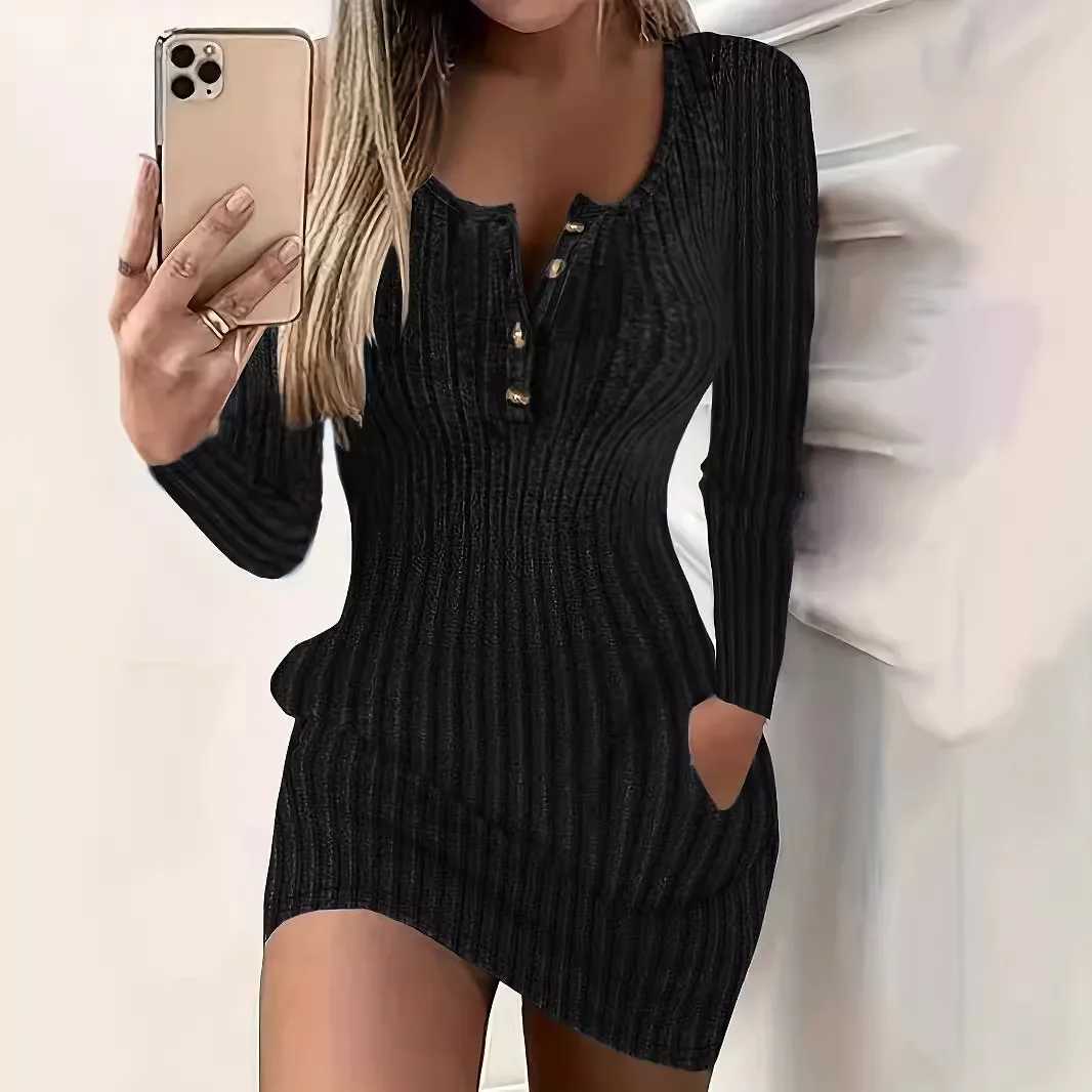 Fashion Long Sleeve Buttons Bodycon Dress Women Autumn Winter Knitted Ribbed Slim Sweater Sexy Mini Dresses For Women Robe Femme M260311