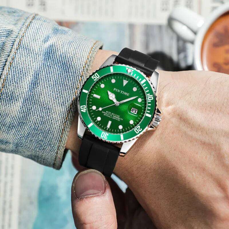 High Quality Black Green Dial Sports Men's Watch 30M Waterproof Fashion Quartz Silicone Wristwatch Watches For Men Reloj Hombre