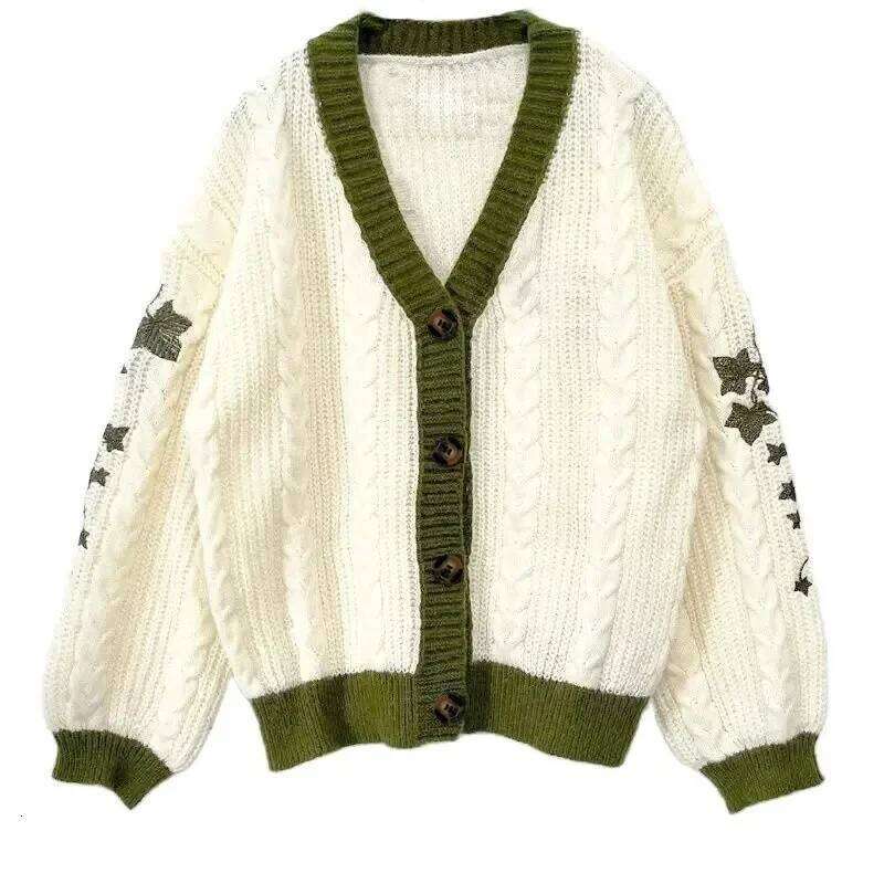 Swif T Beige Cardigan Tay Red Star Embroidered Cardigans Lor V-neck Knitted Sweater