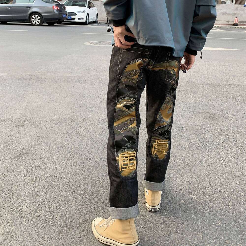Men's Japanese Handmade Embroidered Cotton Jeans Straight Tube Slim Fit Hip-Hop Trousers Red Ear Detail Devil Big M Golden Text Z260225