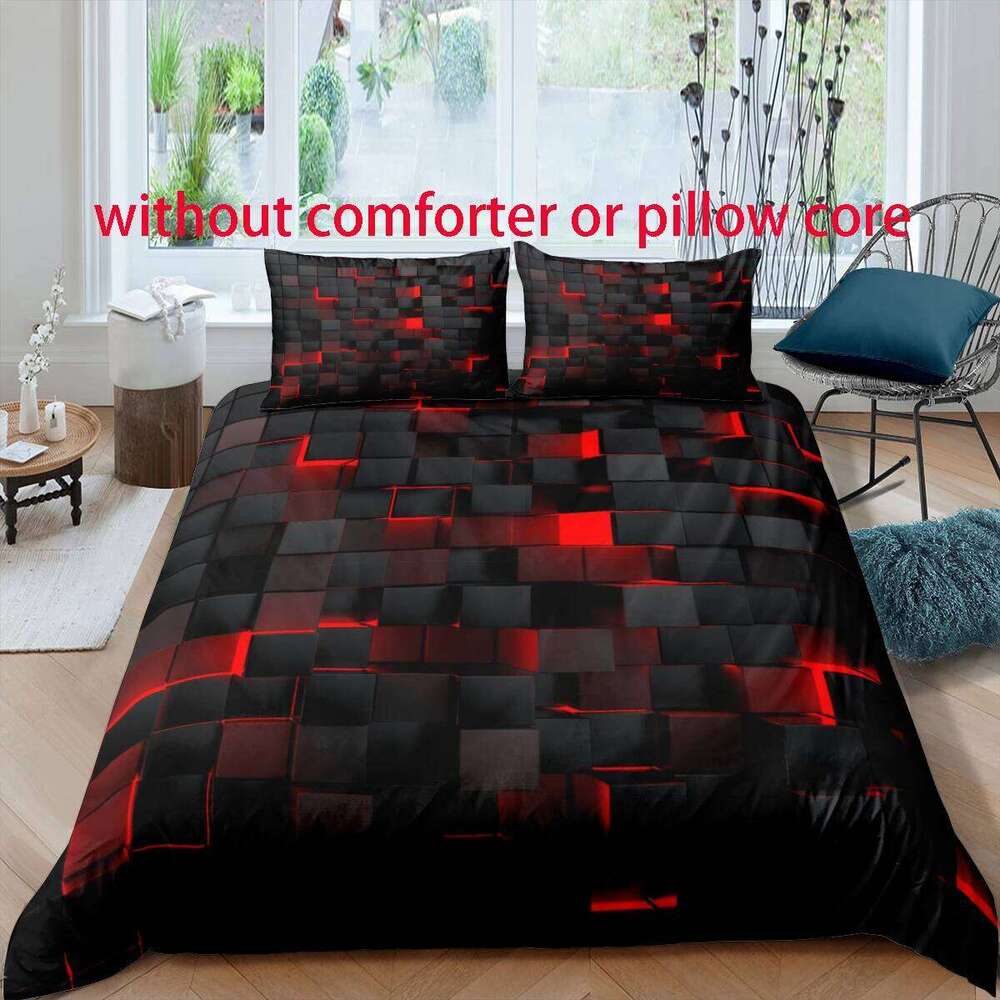Black and Red Check style Digital Printed Duvet Set Polyester - Bedroom Decor -1 bed cover +2 pillowcases no pillow core H260311