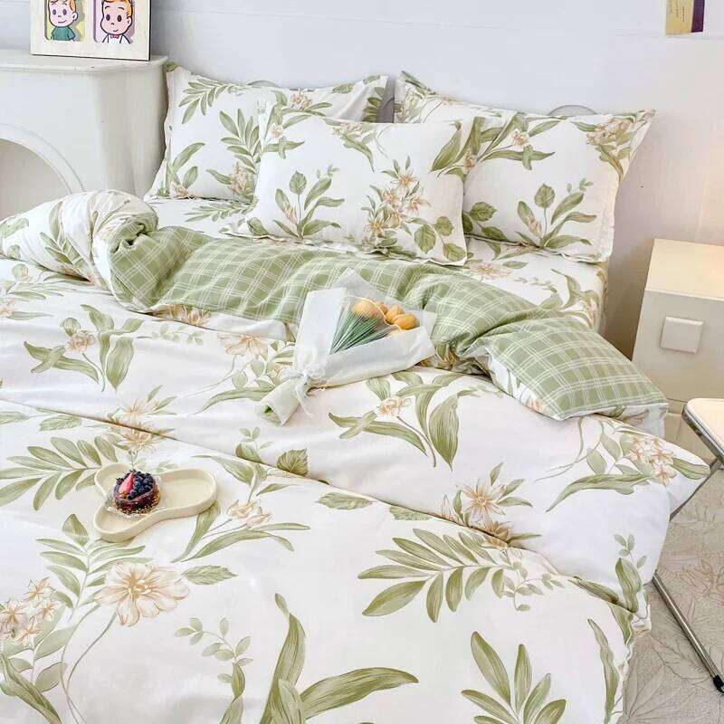 Garden Style Floral Duvet Cover 100% Cotton Boho Aesthetic Green Botanical Bedding Set with Colorful Flower Print Pattern 3Piece H260311