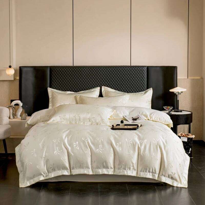 3pcs Cream color Duvet 1*Duvet Cover + 2*Pillowcase, Without Core, bow jacquard Bedding Set H260311