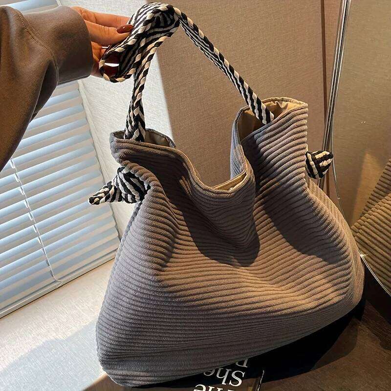 Large Capacity Corduroy Tote Women's Fashion Casual Handbag Shoulder Bag, Daily Commute Coin Shopping Phone Pouch XJ260311