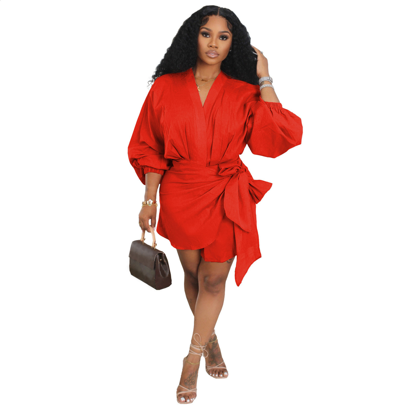 Casual Dresses Women Chic Side Folds Lace-Up Mini Dress Elegant Commute Lapel Dress Fall Fashion Long Sleeve Solid Color V Neck Shirt Dress 230512