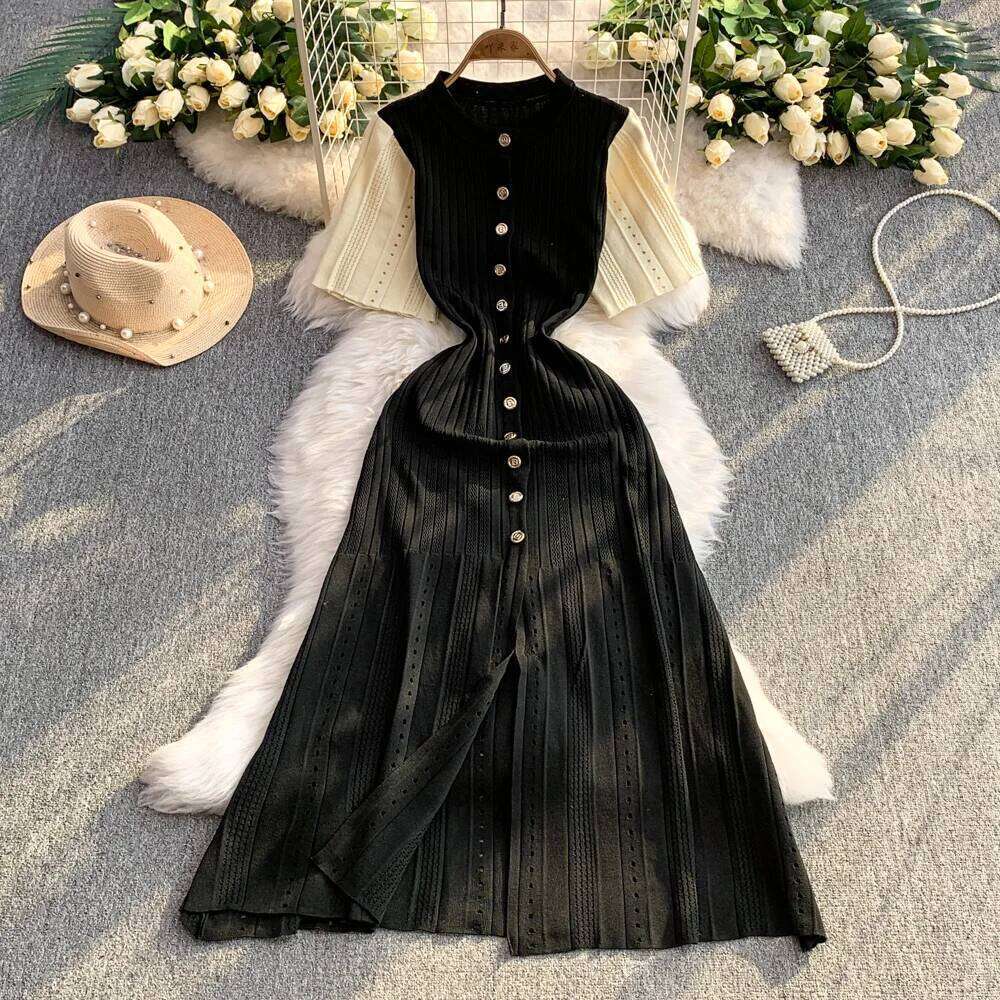 YuooMuoo Women 2025 Spring and Summer Elegant Patchwork One-Piece Knitted Maxi Office Lady Slim Waist Sweater Dress Z260311