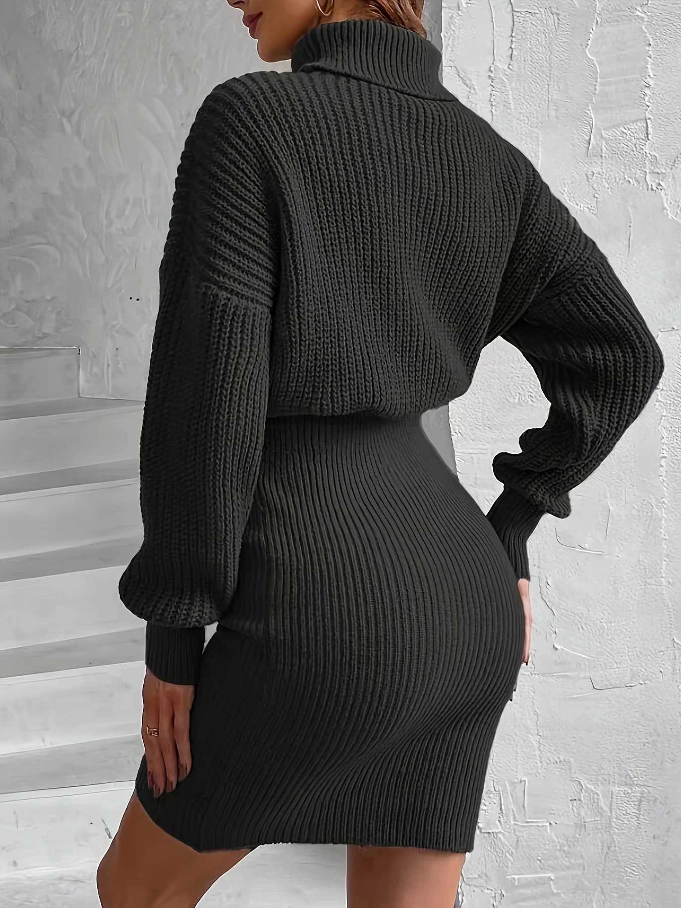 2024 New Versatile High-neck Dropped-Sleeve Sweater Dress M260311