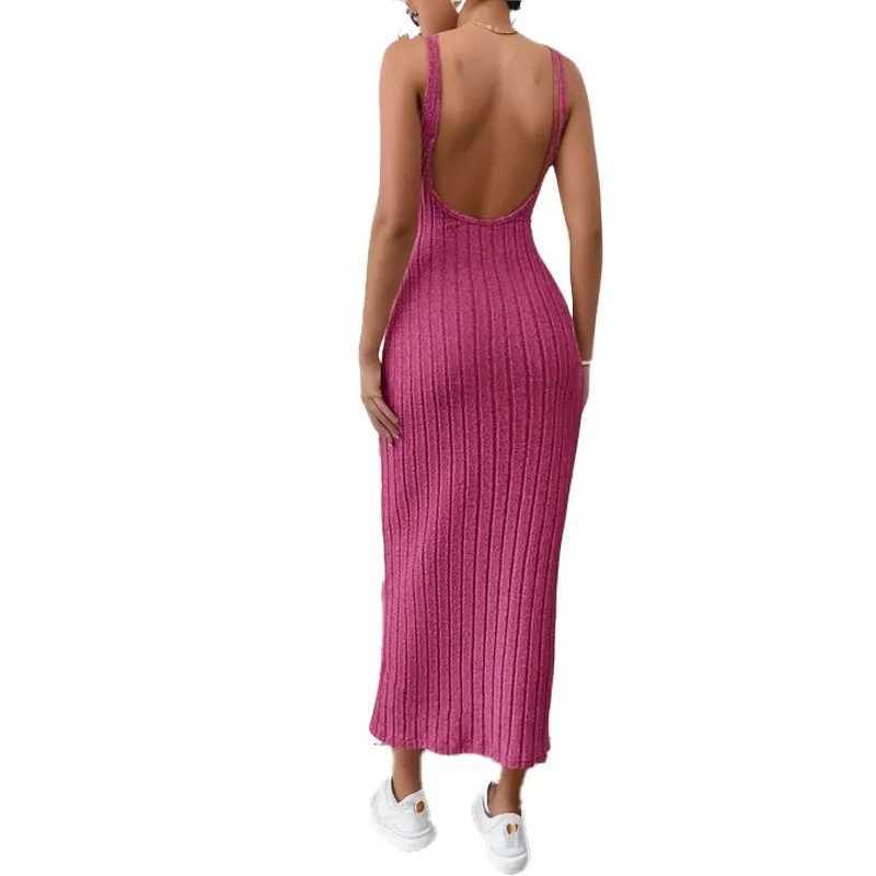 Summer New Style Sleeveless Inner Strap Mid-length Round Neck Backless Knitted Hip One-step Skirt Vest Dress M260311