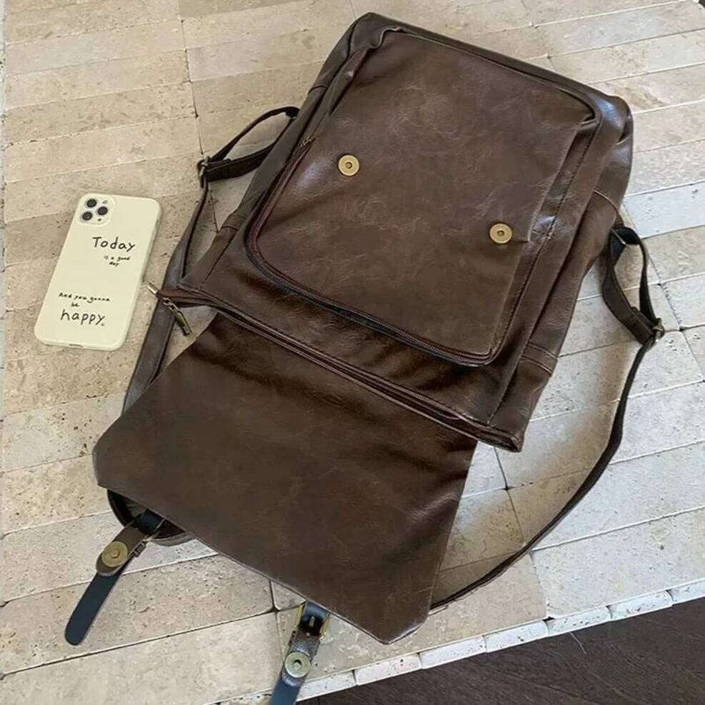 OLOEY Large Capacity Vintage Women Backpack PU Leather Preppy Student School Mochila Rucksack Shoulder Bag Female