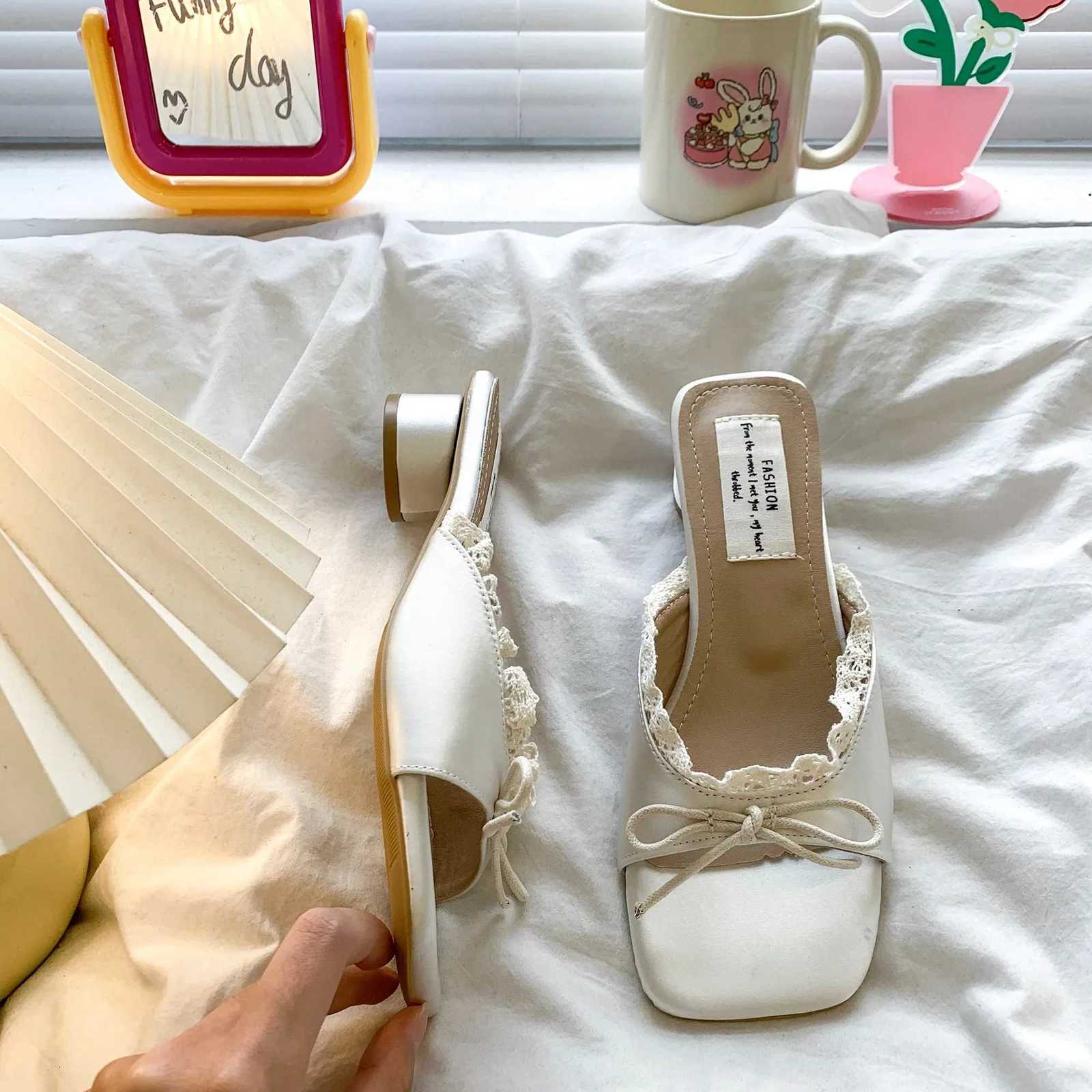 Satin Silk Butterfly-knot Lace Woman Summer Designer Style Fashion Thick Low Heel Dress Mule Slide Shoes In Pink K260311