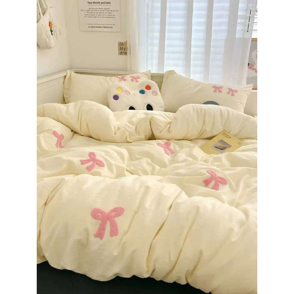 Ins Style Girl Blue 1.5m/1.8m Fitted Bow Towel Bedding Embroidery Washed Cotton Four-piece Set Bed Sheet Three-piece H260311