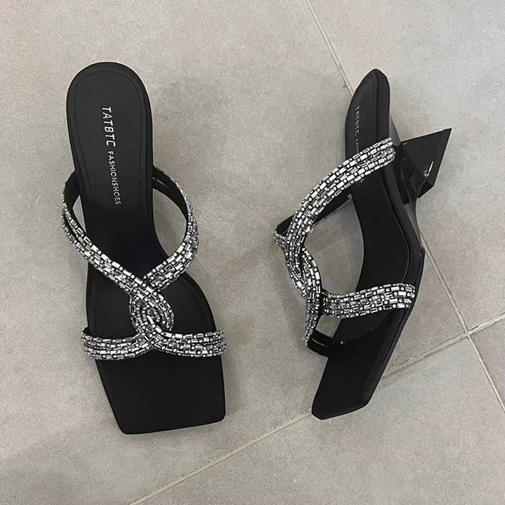 Cool mop 2025 summer new open toe with feminine temperament square toe rhinestone cross sandals K260311
