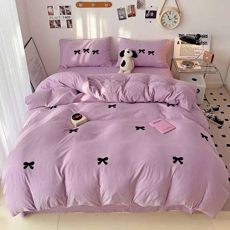Bow-knot Duvet 3pcs Microfiber Soft Bedding Set Simple Purple Comforter Girly Bedroom Quilt Cover with 2 Pillowcases H260311