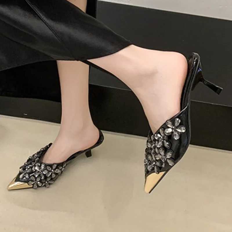 Pointed Toe Stiletto High Heel Baotou Half Drag Summer New Rhinestone Flower Fairy Wind Metal Head Cold Outside Wear K260311