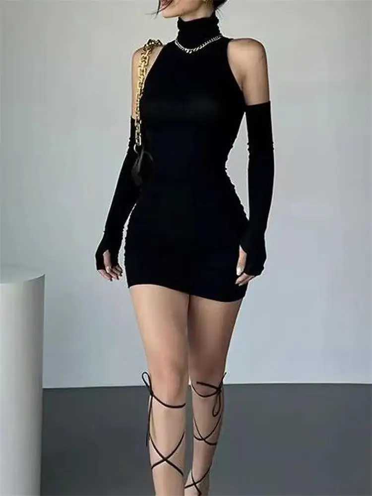 Ruched Bodycon Dress Women Turtleneck Mini Dresses With Sleeves Autumn Black Skinny Stretchy Party Vestidos Fashion Y2K Clothing M260311