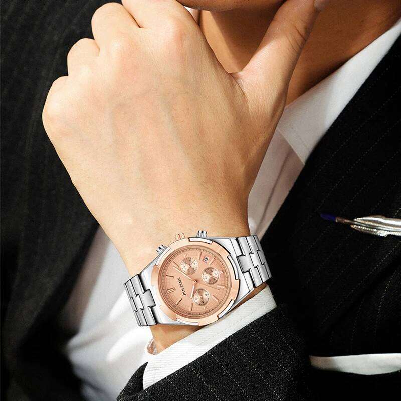 Business Man Watch Chronograph Luminous Dial Fashion Quartz Wristwatch Waterproof Stainless Steel Band Casuals Reloj Hombre Gift