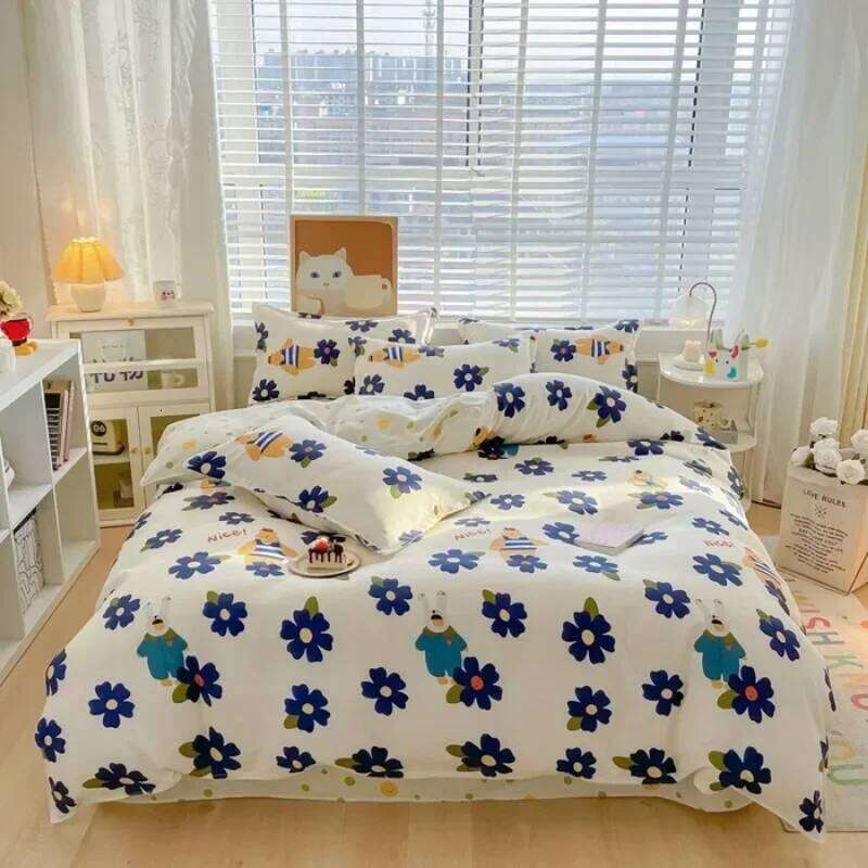 small fresh pure abraded four-piece set, skin-friendly bed sheet washed cotton quilt cover, dormitory three-piece set H260311