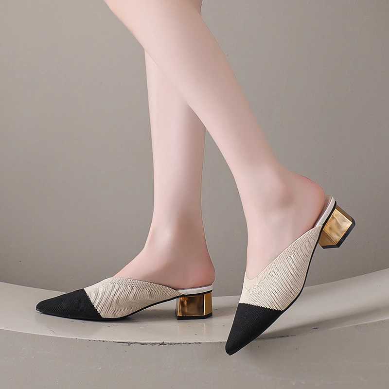 2025Summer Womens Knitted Slider Mule New Elegant Mesh Breathable Shoe Slipper Closed Toe Slider Shoes Splice Solid Color K260311