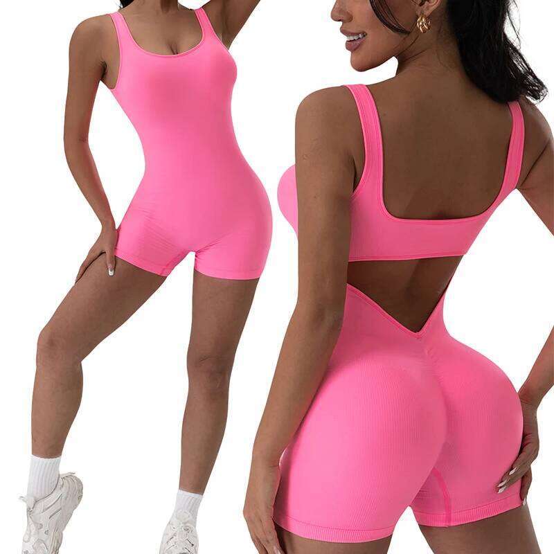 1PCS less Yoga Suit U Neck Sleeveless Sports Jumpsuit Solid Colour Threaded Stretch Women Bodysuit Without Bust Pads 26H0311